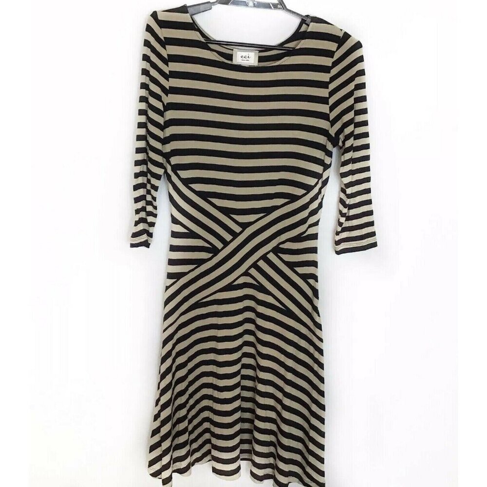 ECI Women's Striped Black and Tan Fit & Flare Stretch Dress Size XS 3/4 Sleeve